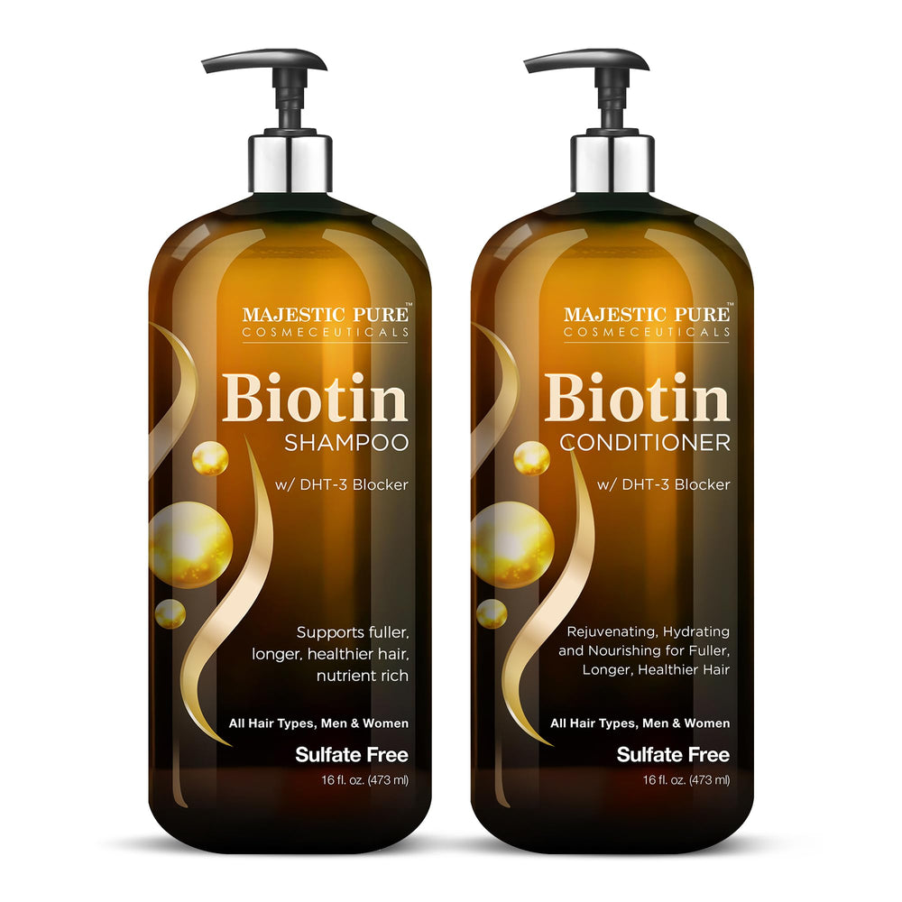 Majestic Pure Biotin Shampoo bottle highlighting volumizing formula for fuller hair