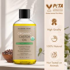 Majestic Pure castor oil pump bottle shows easy, mess-free application for skincare routines.