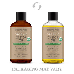 Majestic Pure cold-pressed castor oil jar suggests lightweight texture for skin moisturization.