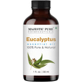 Majestic Pure eucalyptus essential oil bottle delivers a crisp aroma for diffusers and relaxation.