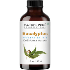 Majestic Pure eucalyptus essential oil bottle delivers a crisp aroma for diffusers and relaxation.