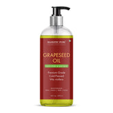 Majestic Pure grapeseed oil bottle closeup for skin hydration and hair care.