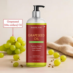 Majestic Pure grapeseed oil on hair-care setup for nourishing strands.