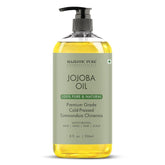 Majestic Pure Jojoba Oil bottle shows 100% pure, cold-pressed formula for daily skin hydration.