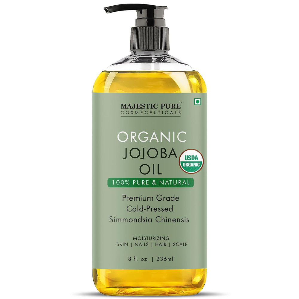 Majestic Pure Jojoba Oil bottle showcases pure organic formula for skin hydration.