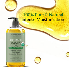 Majestic Pure Jojoba Oil dropper enables precise application for face and hair care.