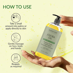 Majestic Pure Jojoba Oil pour demonstrates lightweight, non-greasy absorption for facial care.