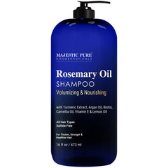 Majestic Pure Rosemary Oil Shampoo bottle shows sulfate-free formula for daily use.