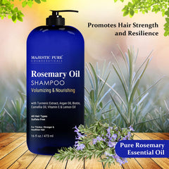 Majestic Pure rosemary shampoo product labeling emphasizes cruelty-free, paraben-free care.