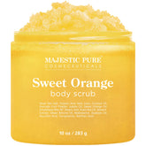 Majestic Pure Sweet Orange Body Scrub packaging showcases vegan formula and USA-made quality.
