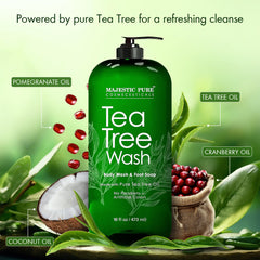 Majestic Pure Tea Tree Body Wash tea tree oil ingredient focus promotes natural skincare.