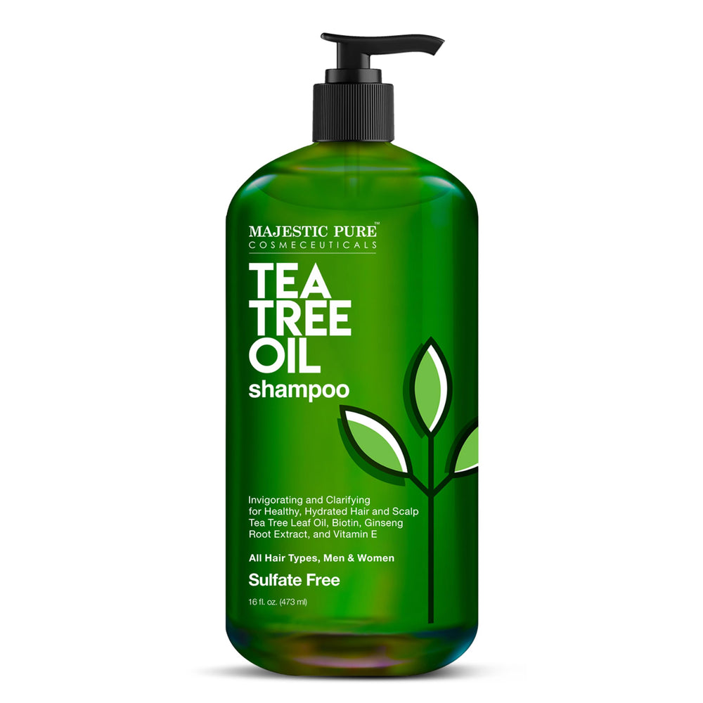 Majestic Pure Tea Tree Shampoo bottle front with sulfate-free formula for refreshingly clean hair