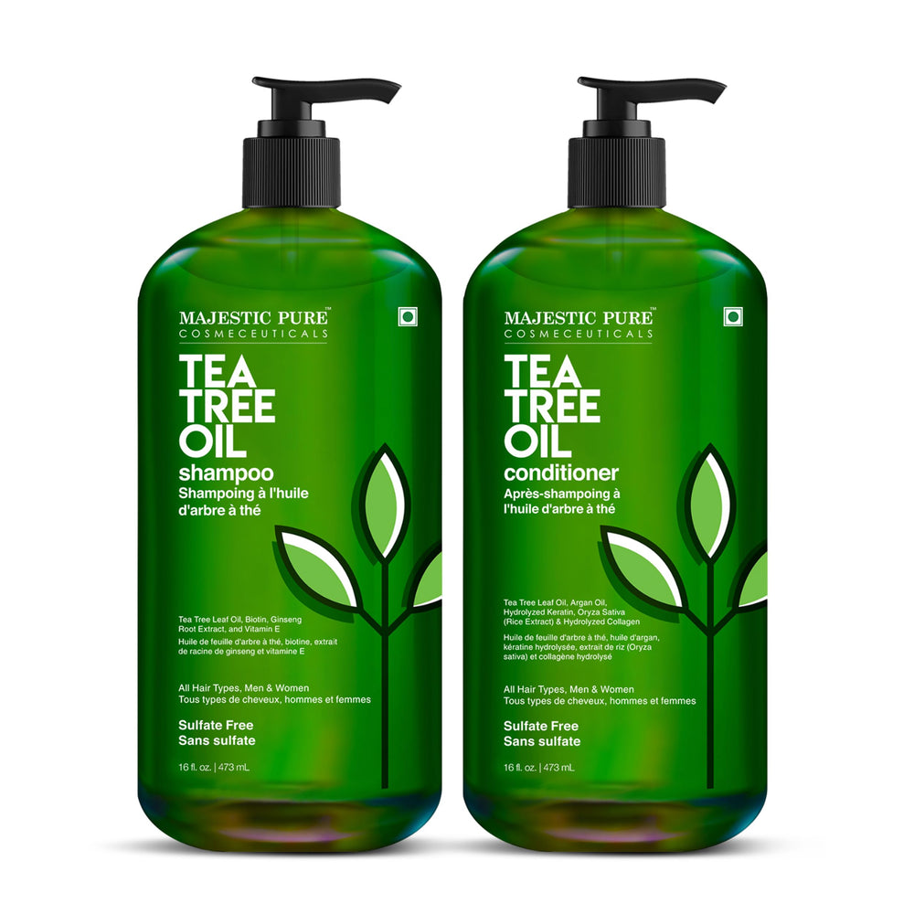Majestic Pure Tea Tree Shampoo bottle demonstrates cleansing action for dandruff.