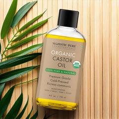 Majestic Pure USDA organic castor oil label communicates organic, cold-pressed, hexane-free quality.