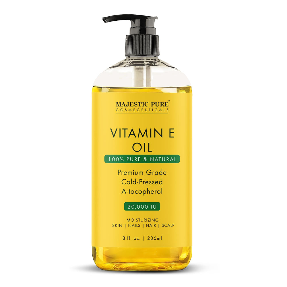Majestic Pure Vitamin E Oil bottle 8oz delivers deep moisturization and barrier protection.