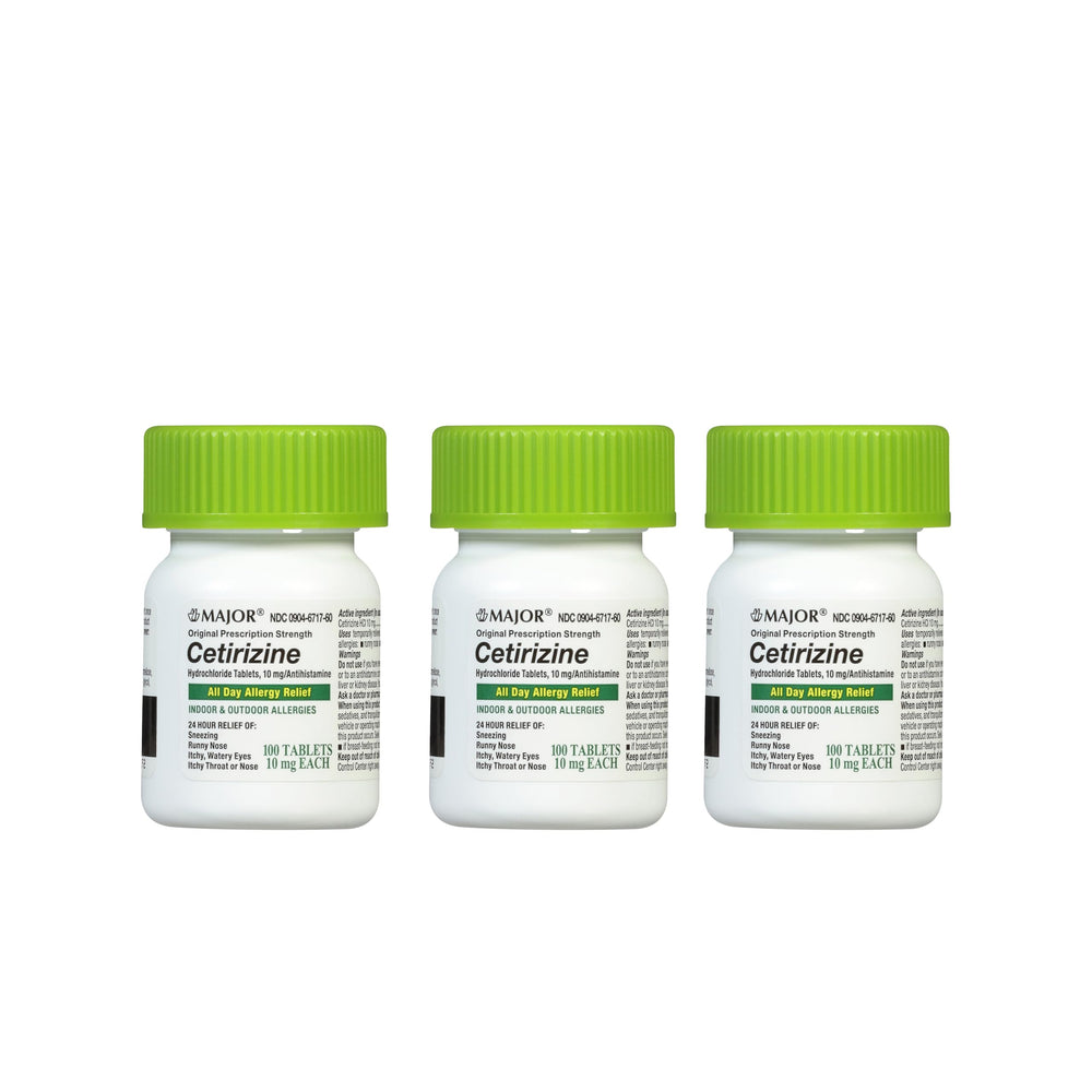 Major Cetirizine 24h relief bottle with 100-count tablets for all-day allergy support.