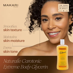 MAKARI Naturalle Carotonic Extreme application scene showing body moisturizer after shower.