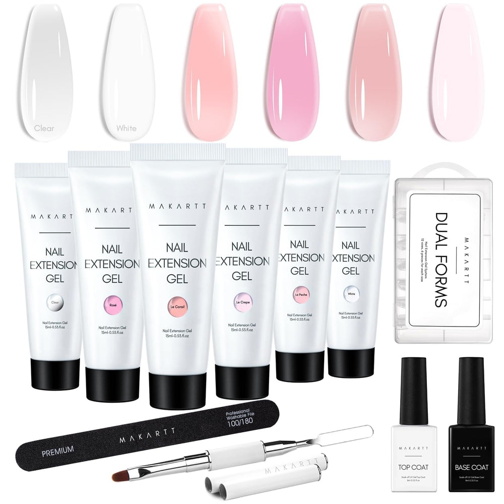 Makartt poly nail gel kit swatches show clear pink white colors for durable at-home nails