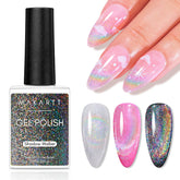 Makartt Rainbow Cat Eye Gel Nail Polish bottle closeup—vivid holographic sparkle for striking nails.