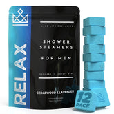 MAKE LIFE EXCLUSIVE cedarwood lavender shower steamer pack packaging promotes calming morning ritual.