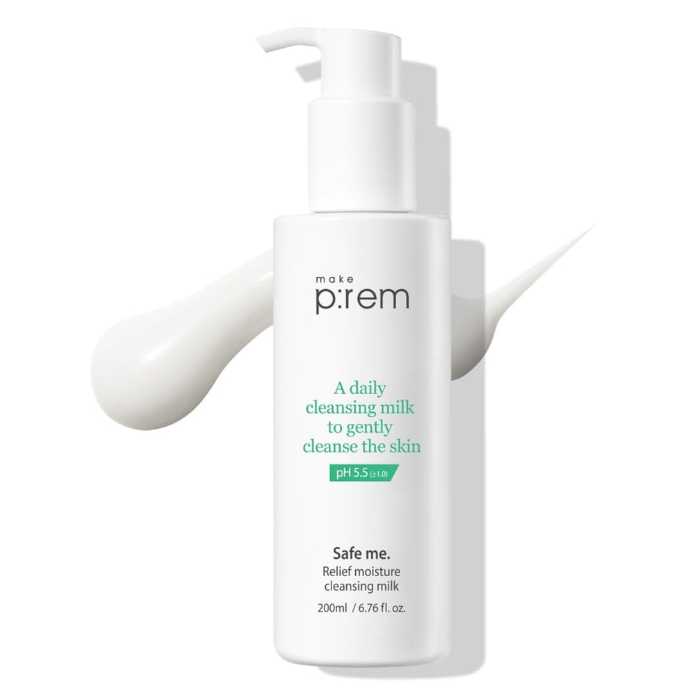 MAKEP:REM Safe Me. Relief Moisture Cleansing Milk bottle demonstrates a gentle, hydrating cleanse for sensitive skin.