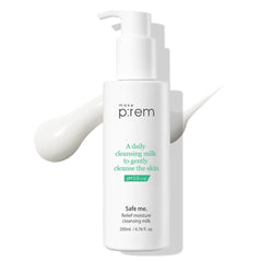 MAKEP:REM Safe Me. Relief Moisture Cleansing Milk bottle demonstrates a gentle, hydrating cleanse for sensitive skin.