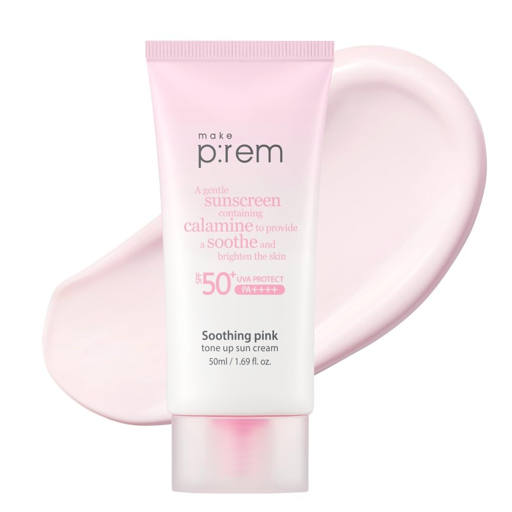MAKEP:REM Soothing Pink Tone Up Sunscreen packaging highlights mineral protection and gentle formula