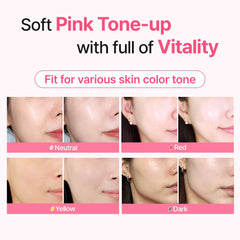MAKEP:REM Pink-tinted sunscreen swatch on skin reveals natural glow and even tone