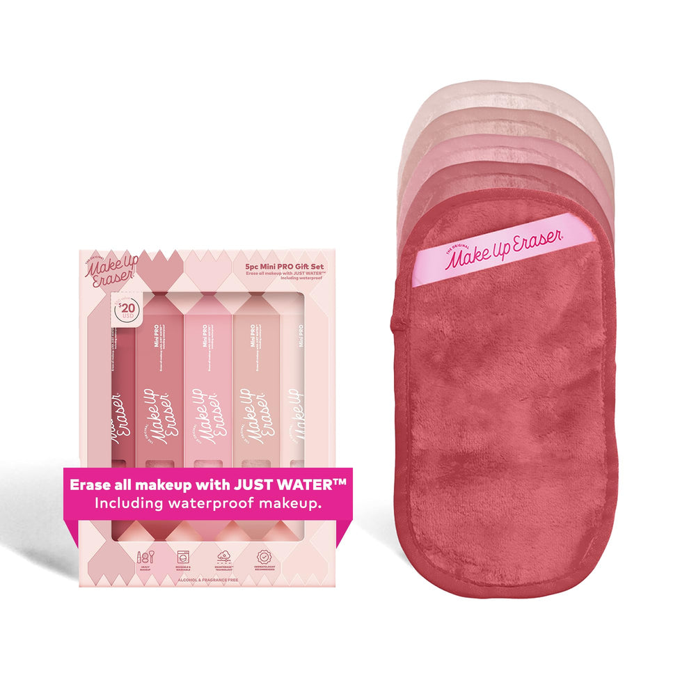 MakeUp Eraser Mini PRO 5pk Gift Set packaging highlights a gift-ready kit for water-based makeup removal.