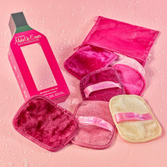 MakeUp Eraser reusable-washable microfiber shown under sink emphasizes eco-friendly reuse.