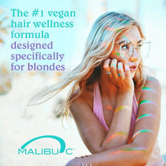 Malibu C Blondes Conditioner bottle pouring to lock in moisture and softness.