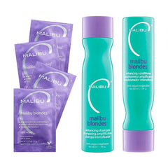 Malibu C Blondes Shampoo bottle pouring to protect color during cleansing.