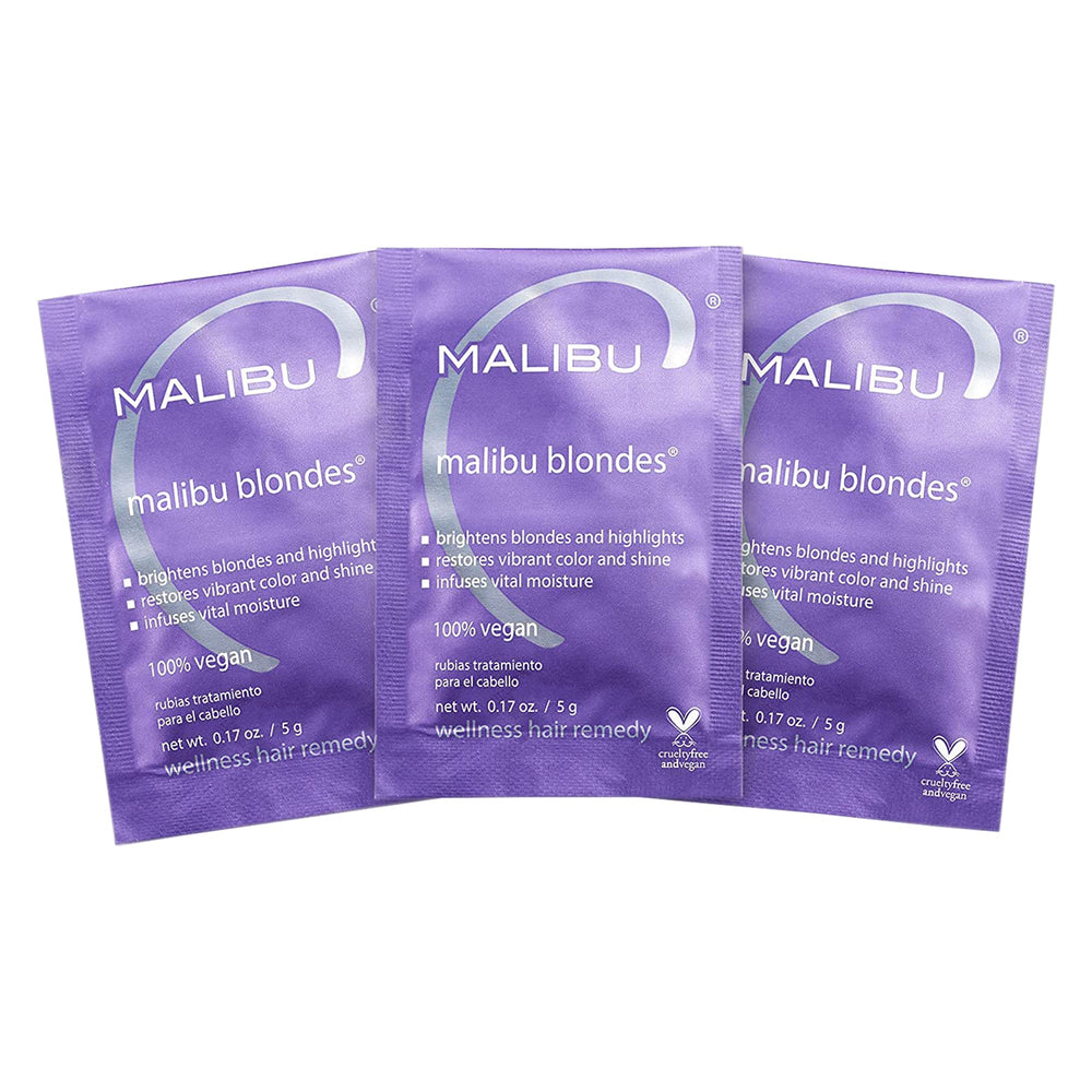 Malibu C Blondes Wellness Remedy packaging shows 3 vegan packets for bright blonde tones.