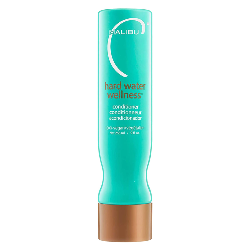 Malibu C Hard Water Wellness Conditioner bottle provides moisture protection.
