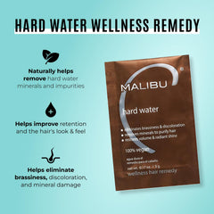 Malibu C Hard Water Wellness Remedy bottle label shows vegan, sulfate-free formula benefits.