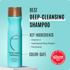 Malibu C Hard Water Wellness Shampoo ingredients image emphasizes Provitamin B5 and flax.