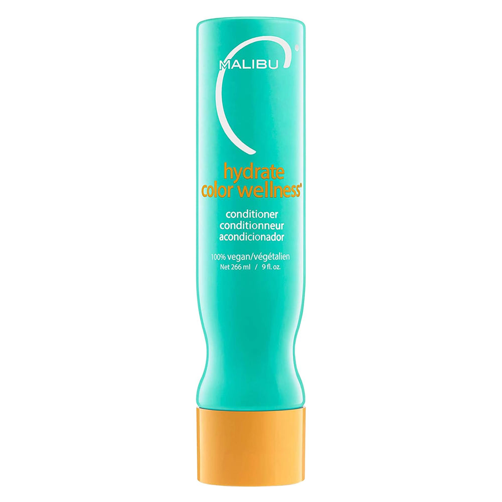 Malibu C Hydrate bottle shows color-safe hydration for vibrant color-treated hair.