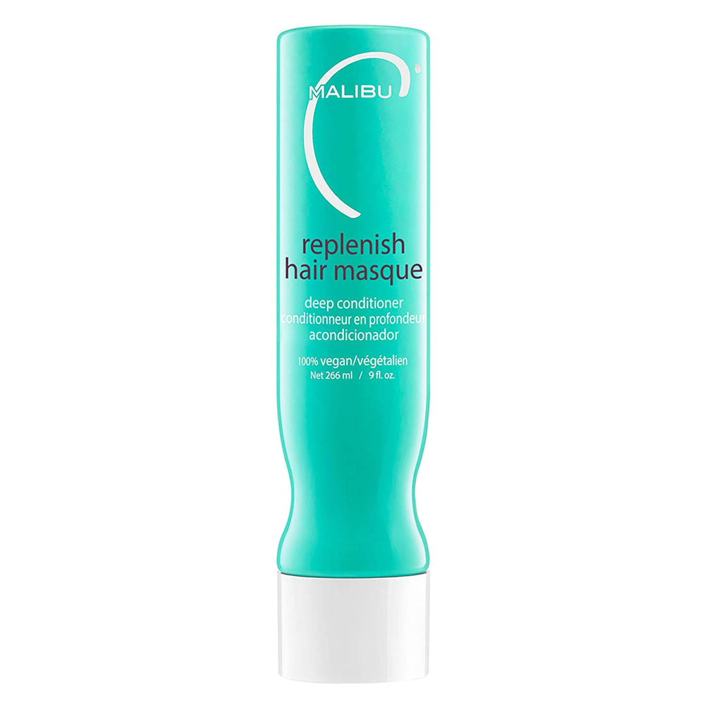 Malibu C Replenish Hair Masque bottle demonstrates ultra-hydration for color-treated hair.