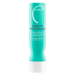 Malibu C Replenish Hair Masque bottle demonstrates ultra-hydration for color-treated hair.