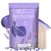 Mallowwax Lavender Wax Beads jar close-up highlighting premium lavender infusion for gentle hair removal.