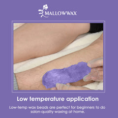 Mallowwax Lavender Wax Beads in a wax warmer illustrating DIY at-home waxing setup.