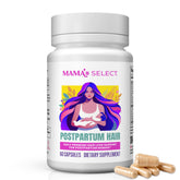 Mama’s Select postpartum hair vitamins bottle closeup for targeted hair support.