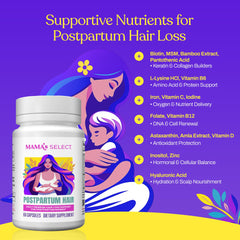 Mama’s Select postpartum hair vitamins front of bottle highlighting safe breastfeeding-friendly formula.