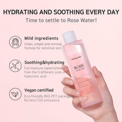 Mamonde Rose Water Toner damask rose petals close-up highlights calming, refreshing skincare.