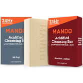 Mando 4-in-1 acidified cleansing bar pack-front with two bars for all-over cleansing.