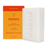 Mando Acidified Cleansing Bar Bourbon Leather packaging highlights odor-control formulation