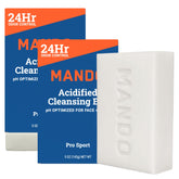 Mando Acidified Cleansing Bar packaging emphasizes odor control and skin-friendly formula.