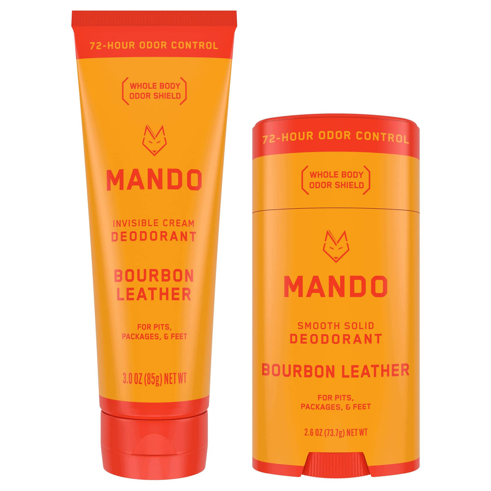 Mando Bourbon Leather deodorant bottle pour shows aluminum-free odor control all day.
