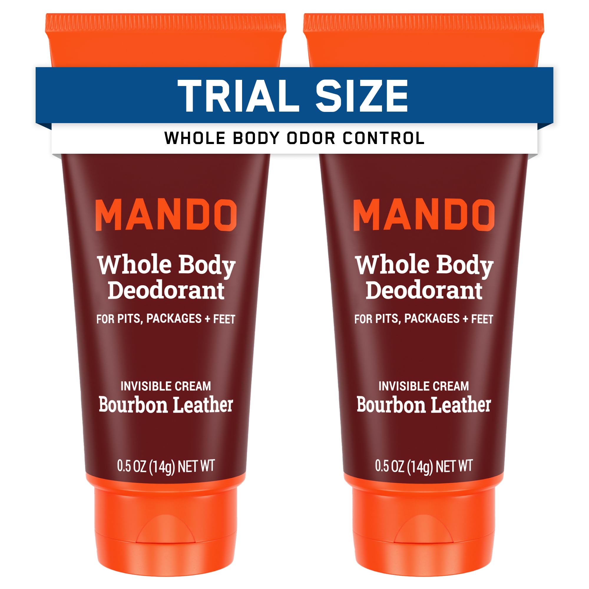 Mando bourbon leather packaging front highlights a travel-pack odor control solution.