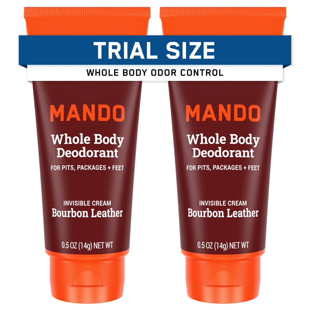 Mando bourbon leather packaging front highlights a travel-pack odor control solution.